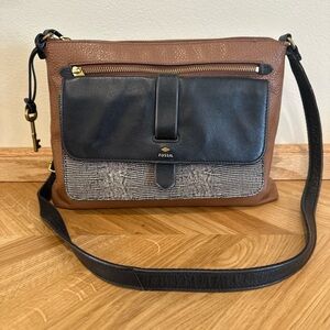 Fossil Brown and Black Leather Crossbody Bag